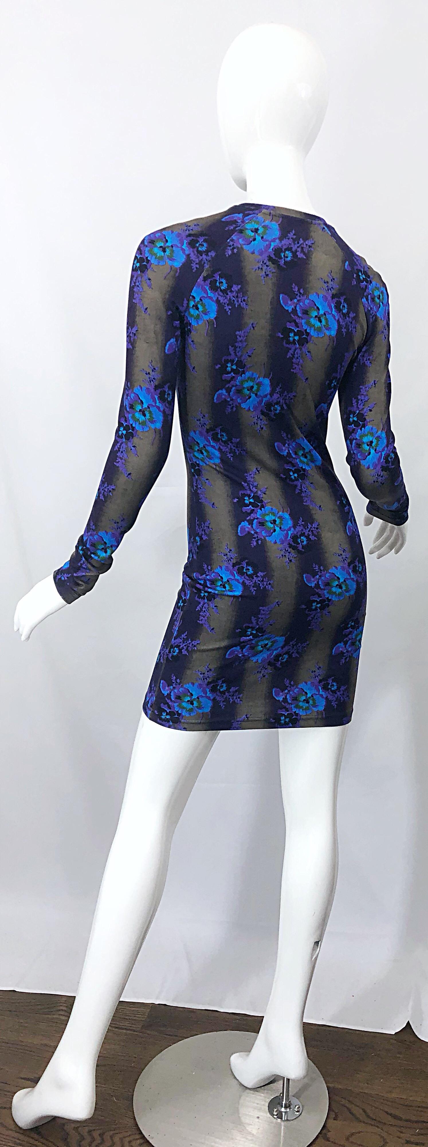New Christopher Kane Long Sleeve Bodycon Flower Print Purple + Blue Stripe Dress For Sale 7