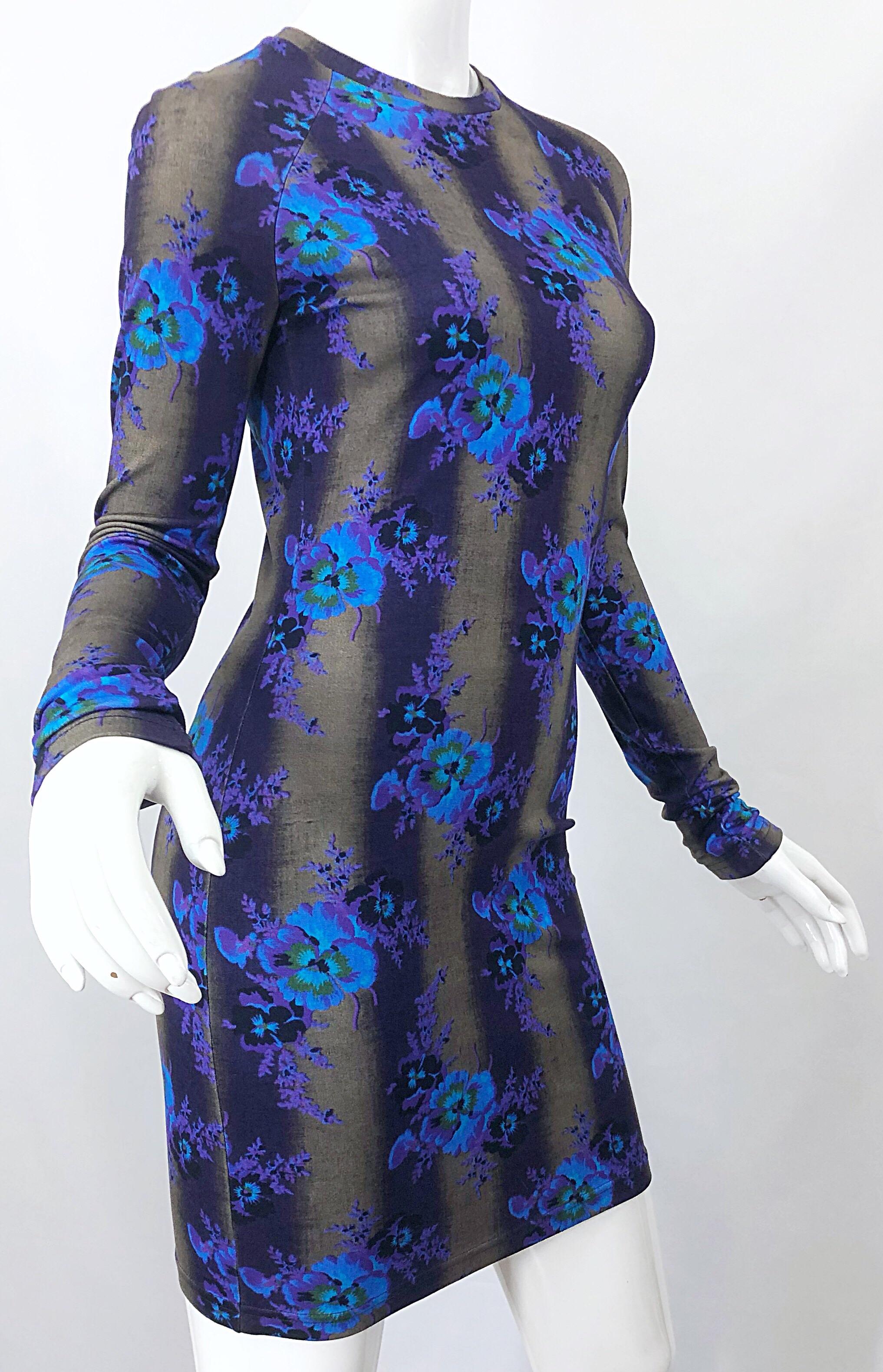 New Christopher Kane Long Sleeve Bodycon Flower Print Purple + Blue Stripe Dress For Sale 8