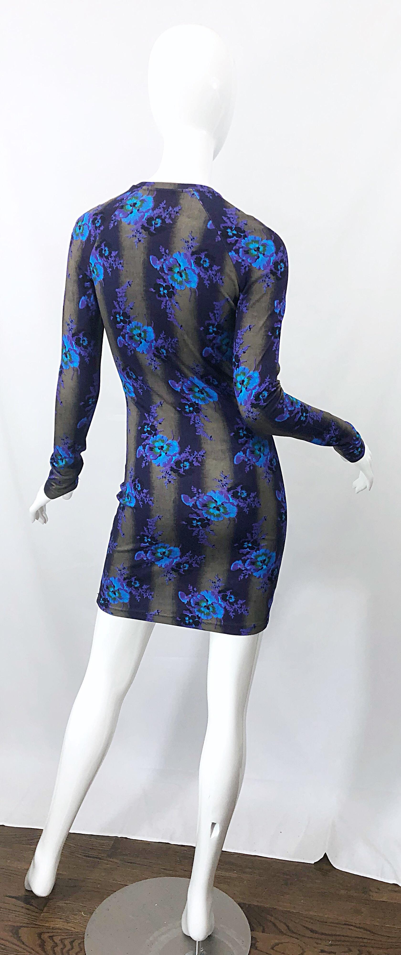 New Christopher Kane Long Sleeve Bodycon Flower Print Purple + Blue Stripe Dress For Sale 9