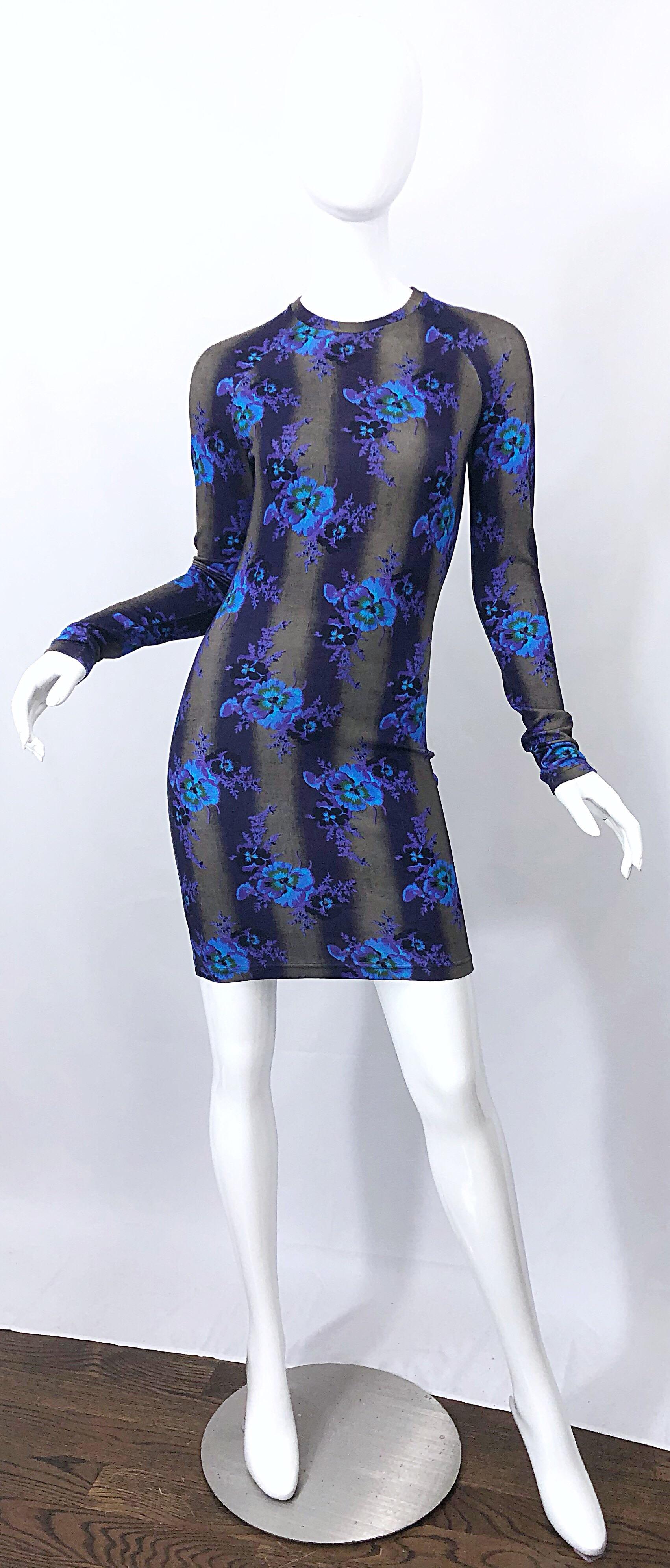 New Christopher Kane Long Sleeve Bodycon Flower Print Purple + Blue Stripe Dress For Sale 10