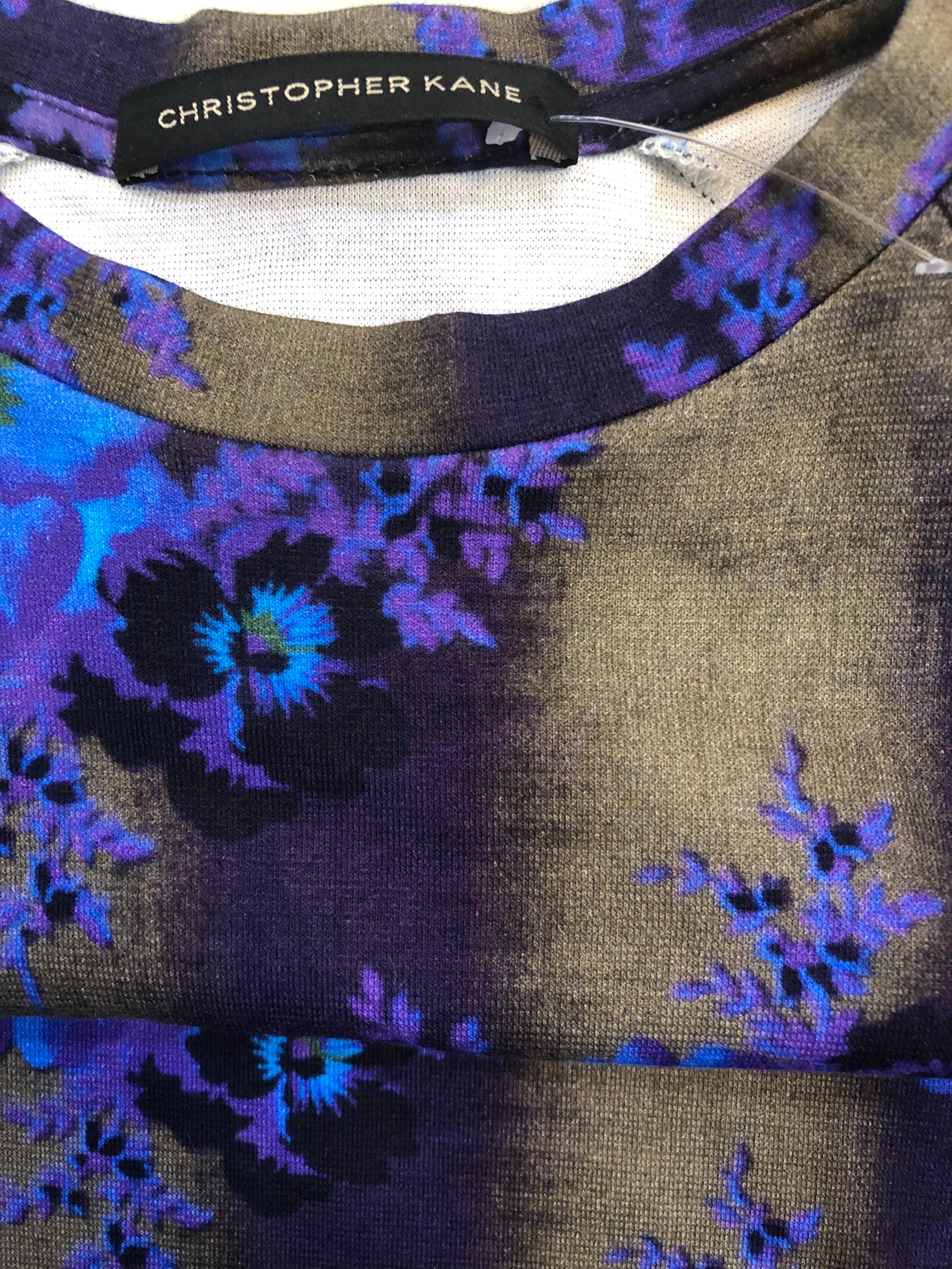 New Christopher Kane Long Sleeve Bodycon Flower Print Purple + Blue Stripe Dress For Sale 11