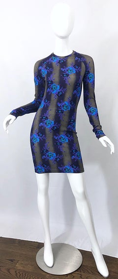 New Christopher Kane Long Sleeve Bodycon Flower Print Purple + Blue Stripe Dress