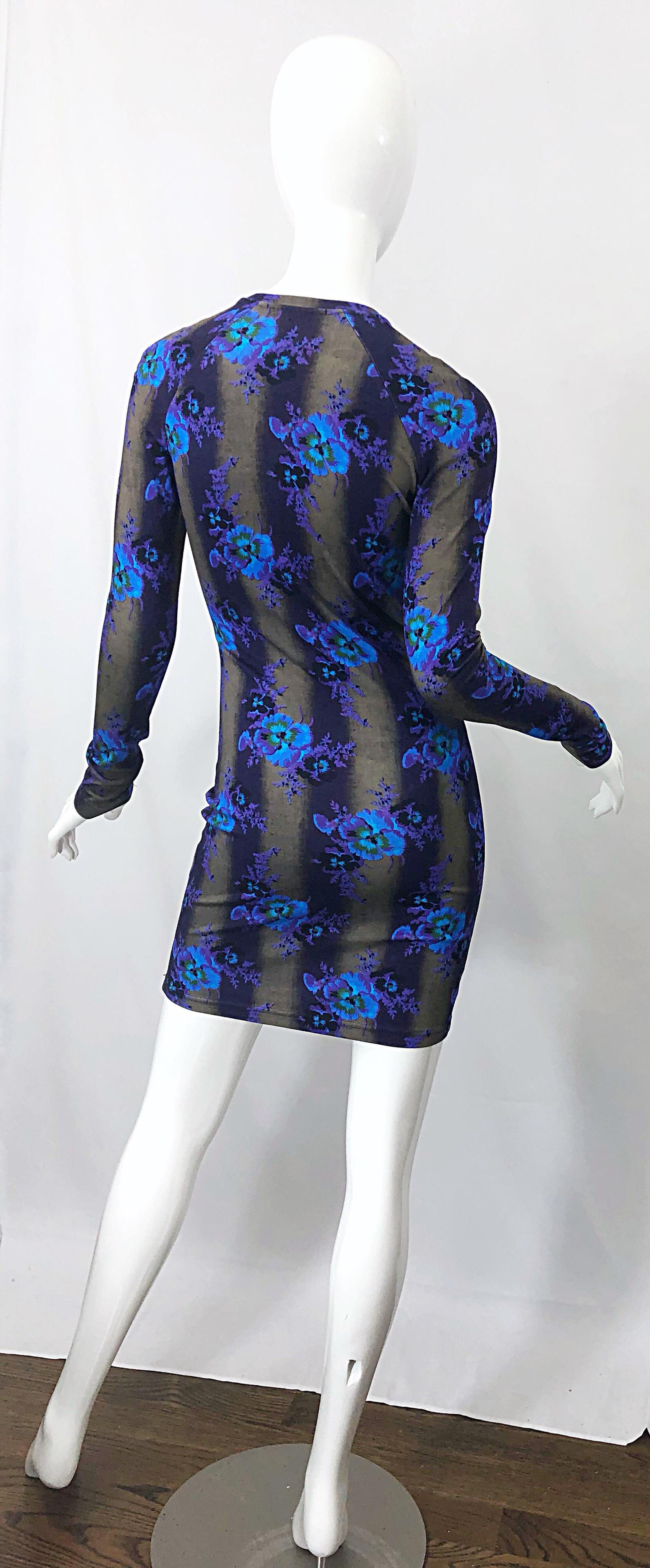 Nuevo Christopher Kane Vestido de manga larga con estampado floral morado y rayas azules Púrpura en venta