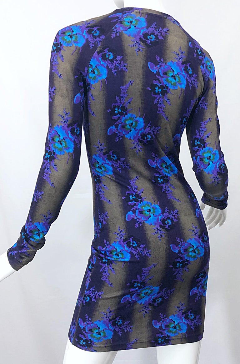 New Christopher Kane Long Sleeve Bodycon Flower Print Purple + Blue ...