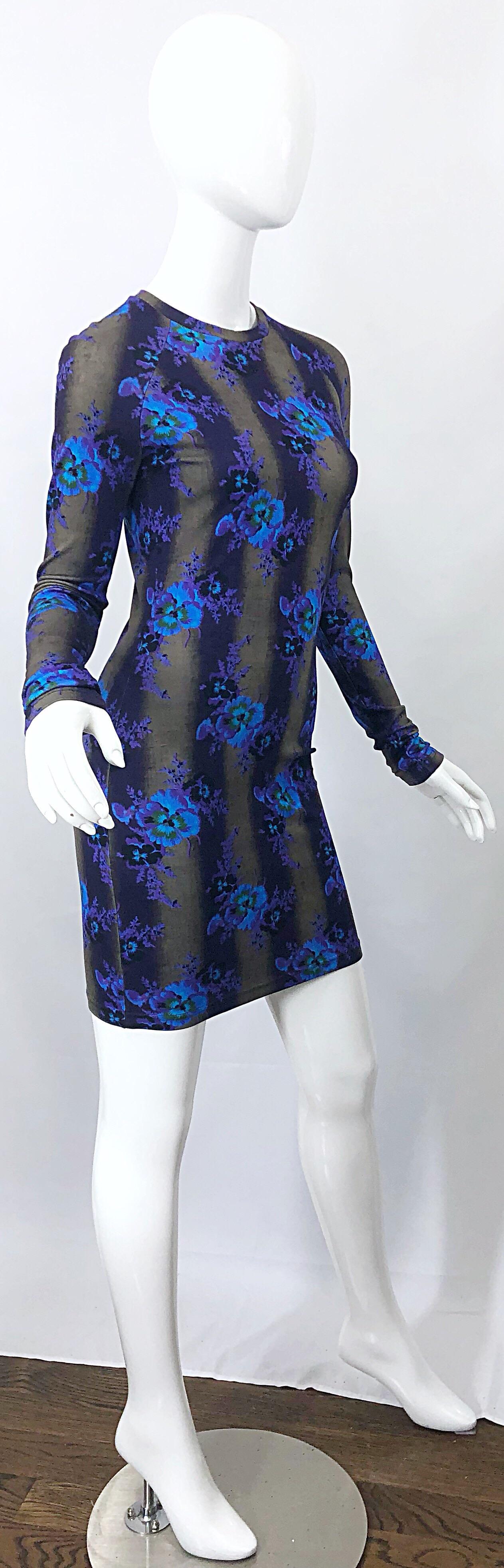 Women's New Christopher Kane Long Sleeve Bodycon Flower Print Purple + Blue Stripe Dress For Sale