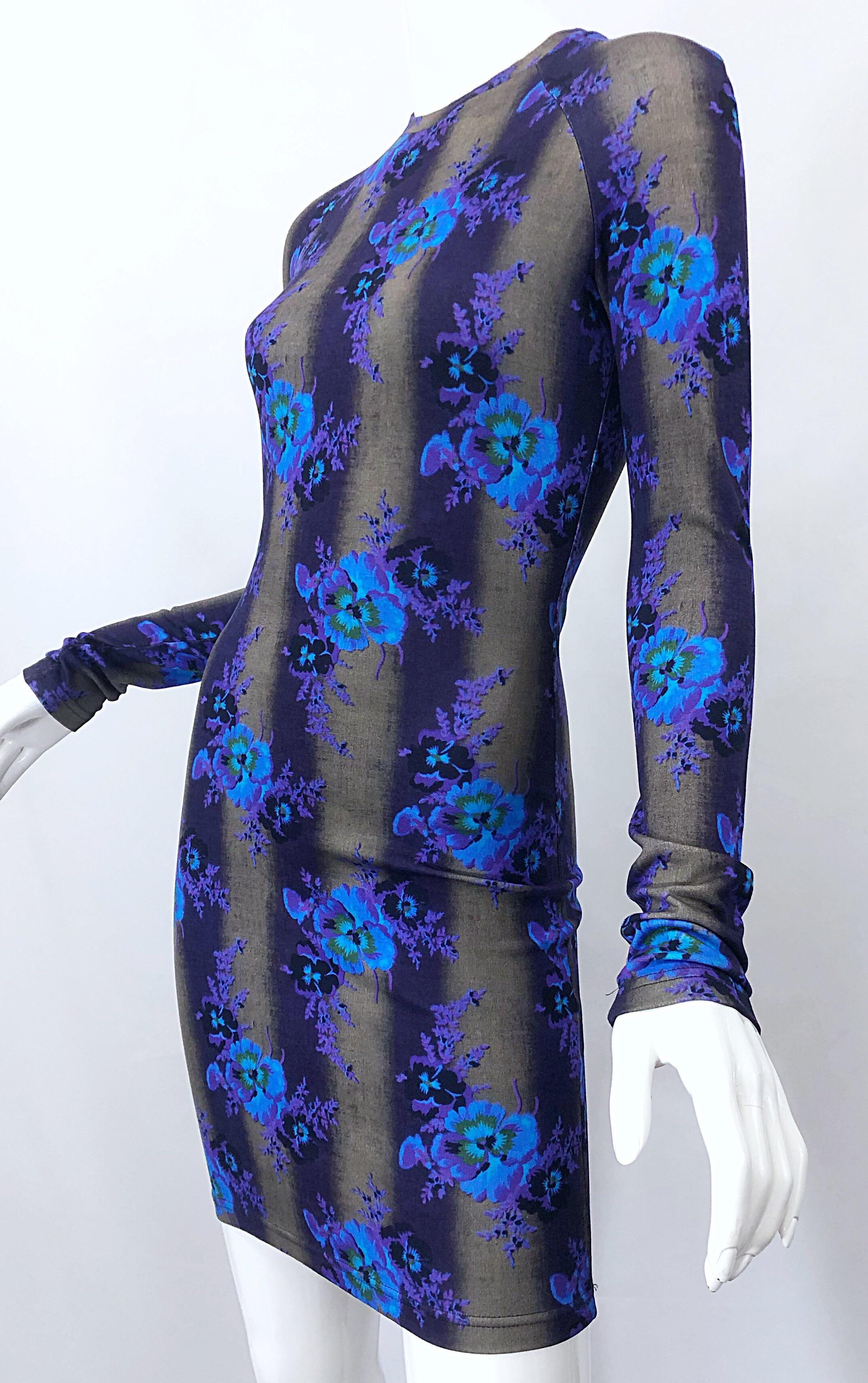 New Christopher Kane Long Sleeve Bodycon Flower Print Purple + Blue Stripe Dress For Sale 1