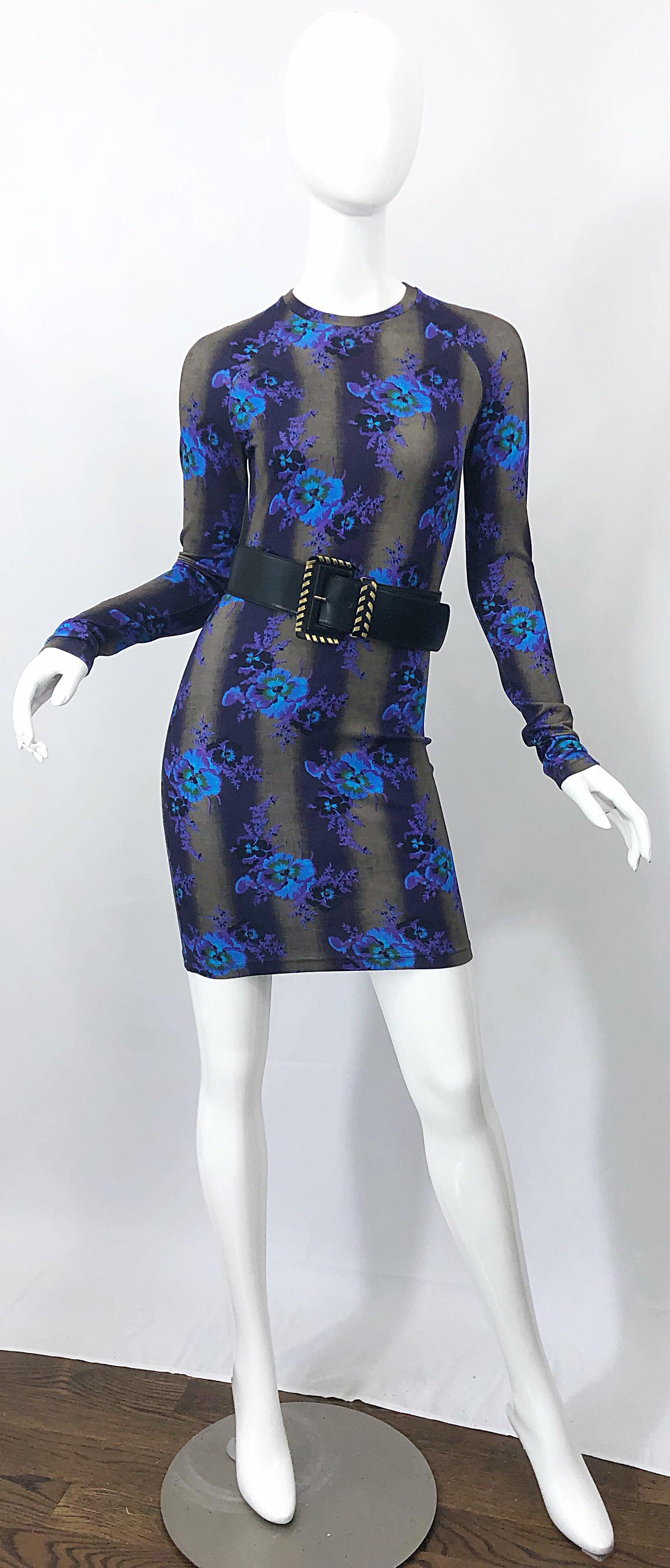 New Christopher Kane Long Sleeve Bodycon Flower Print Purple + Blue Stripe Dress For Sale 2