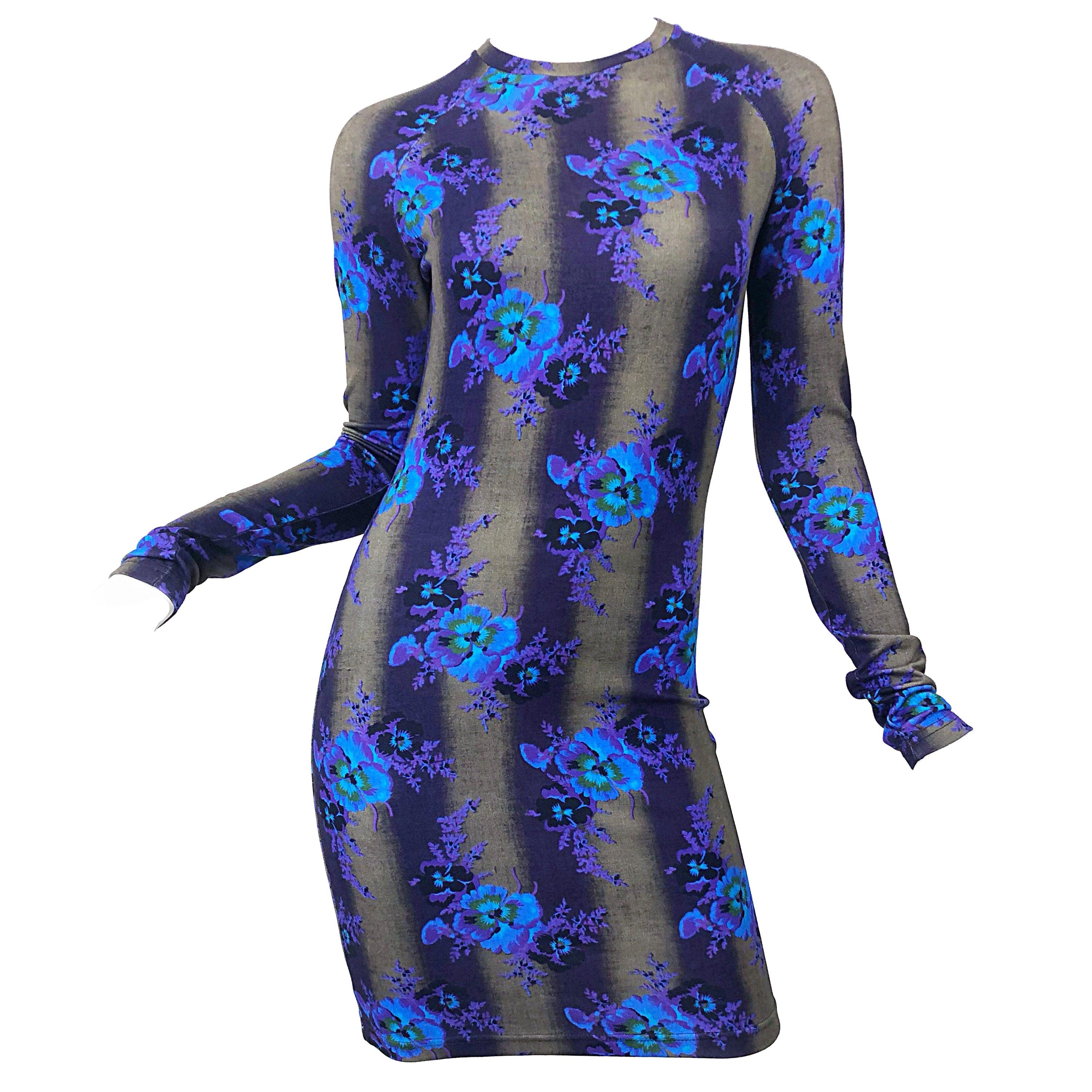 New Christopher Kane Long Sleeve Bodycon Flower Print Purple + Blue Stripe Dress For Sale