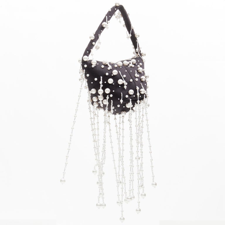 Women's new CHRISTOPHER KANE Runway pearl embellished black satin evening bag For Sale