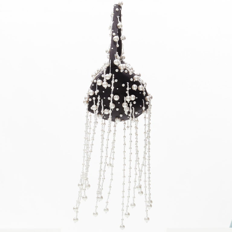 new CHRISTOPHER KANE Runway pearl embellished black satin evening bag For Sale 1