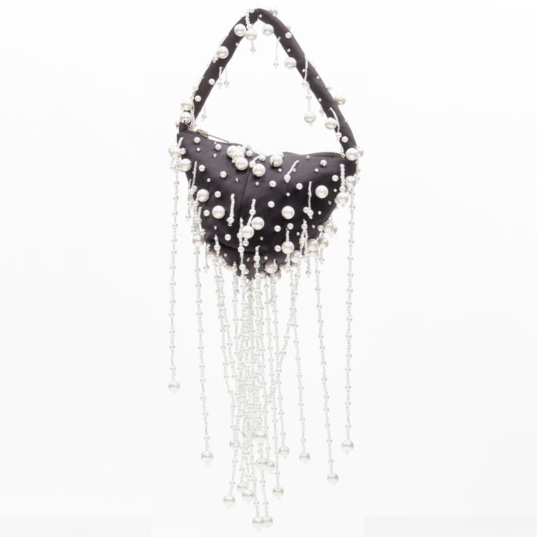 new CHRISTOPHER KANE Runway pearl embellished black satin evening bag For Sale 2
