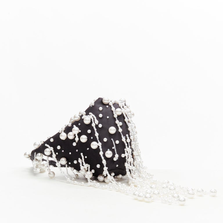 new CHRISTOPHER KANE Runway pearl embellished black satin evening bag For Sale 3