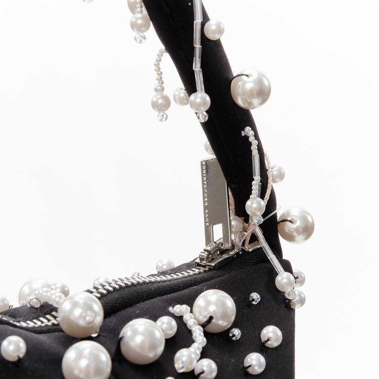 new CHRISTOPHER KANE Runway pearl embellished black satin evening bag For Sale 4