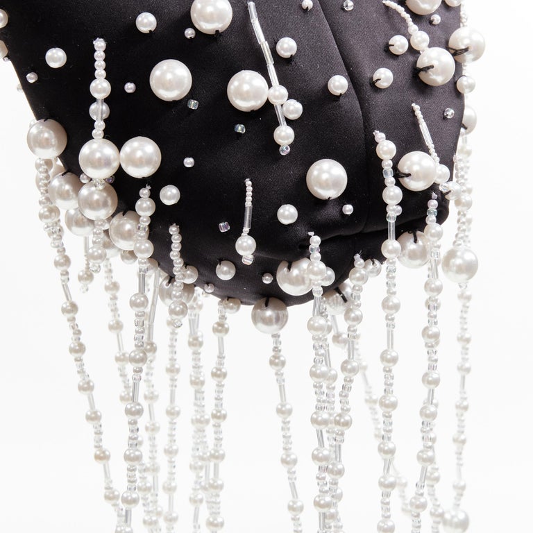 new CHRISTOPHER KANE Runway pearl embellished black satin evening bag For Sale 5