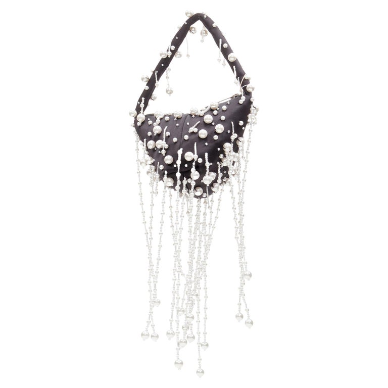 new CHRISTOPHER KANE Runway pearl embellished black satin evening bag For Sale