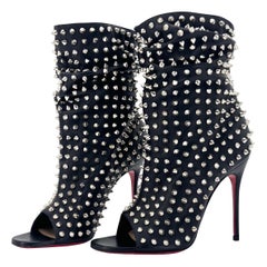 NEW Christian Louboutin Guerilla 100 Silver Spike Leather Peep Toe Booty 37.5