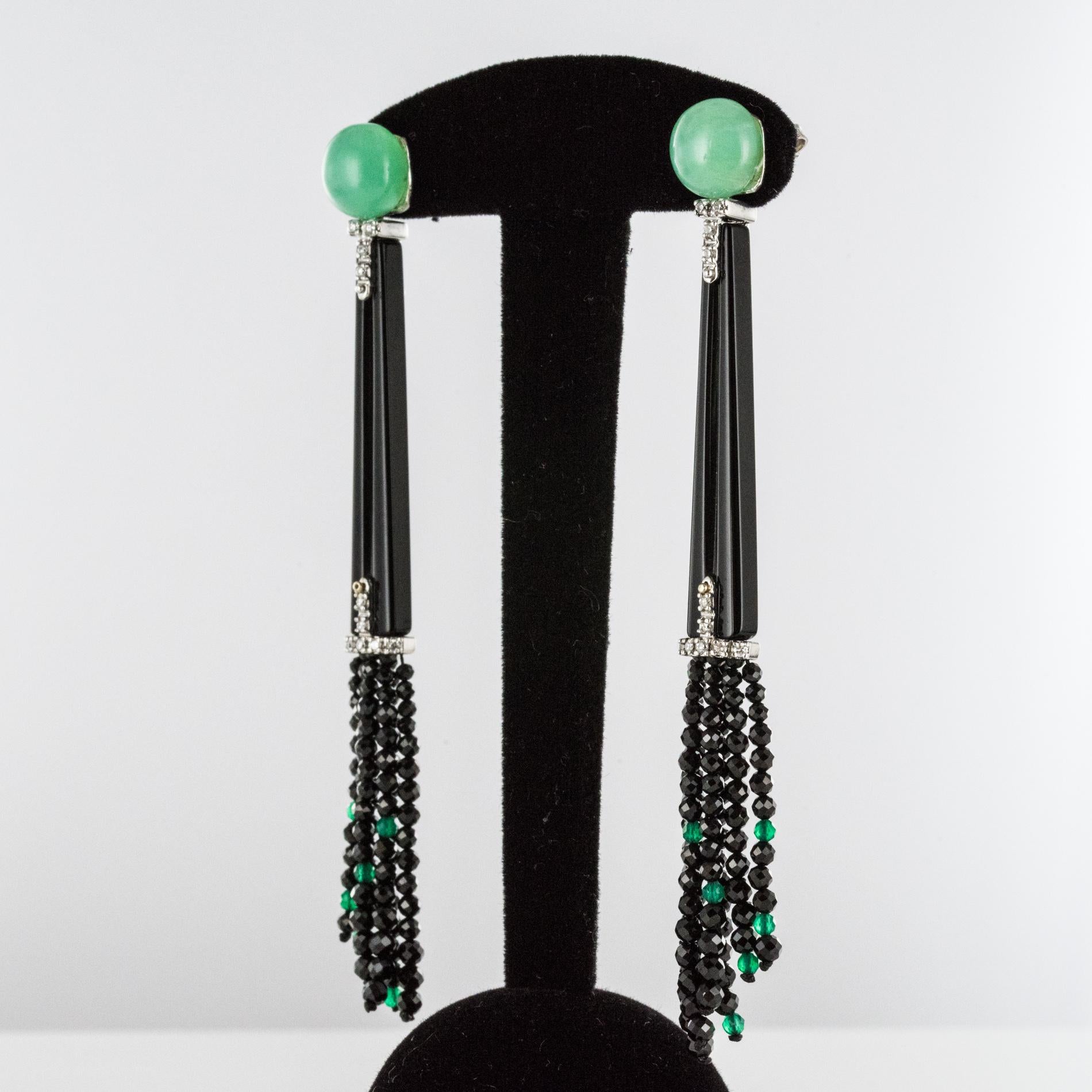 Chrysoprase Onyx Diamond White Gold Art Deco Style Dangling Earrings In New Condition In Poitiers, FR