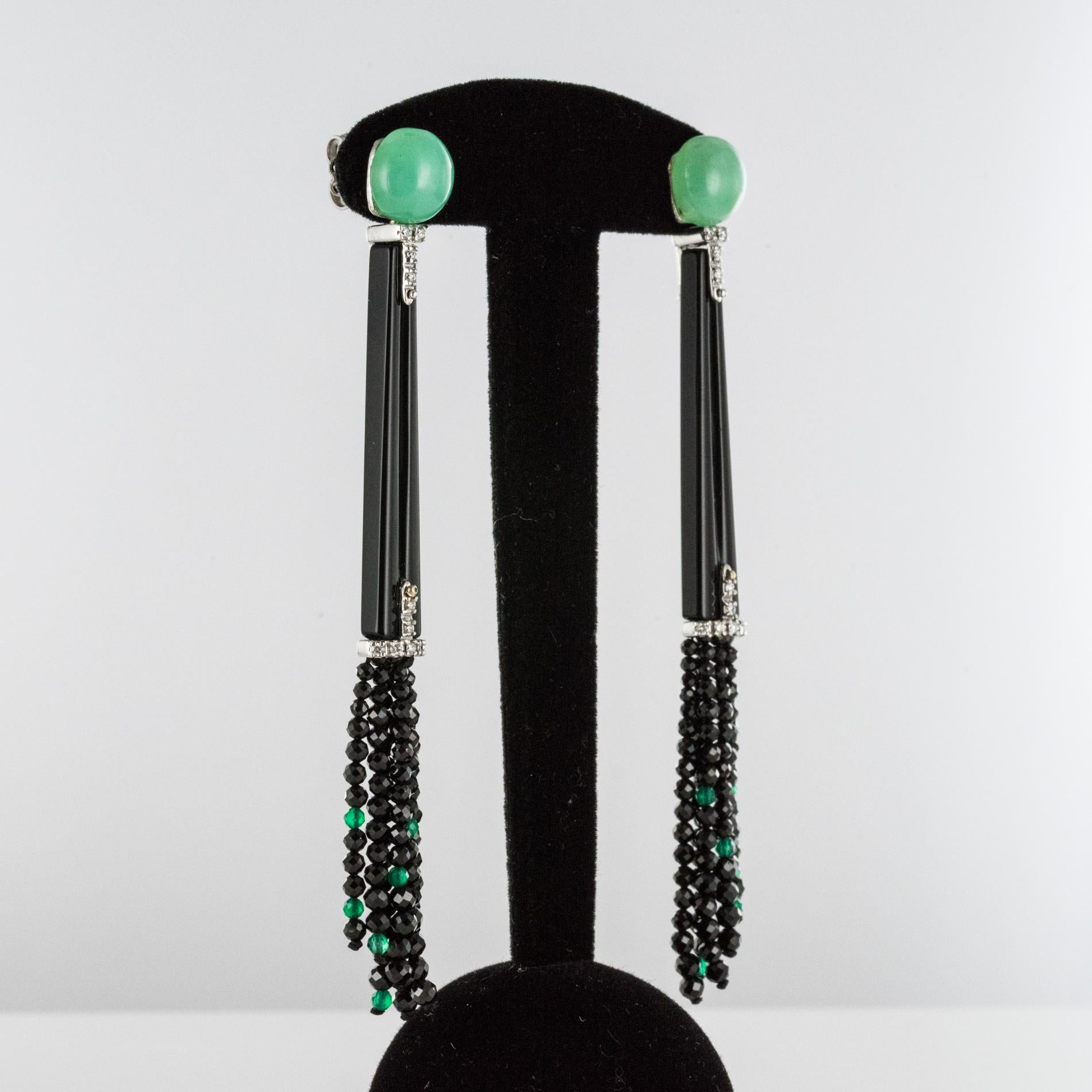 Chrysoprase Onyx Diamond White Gold Art Deco Style Dangling Earrings 1