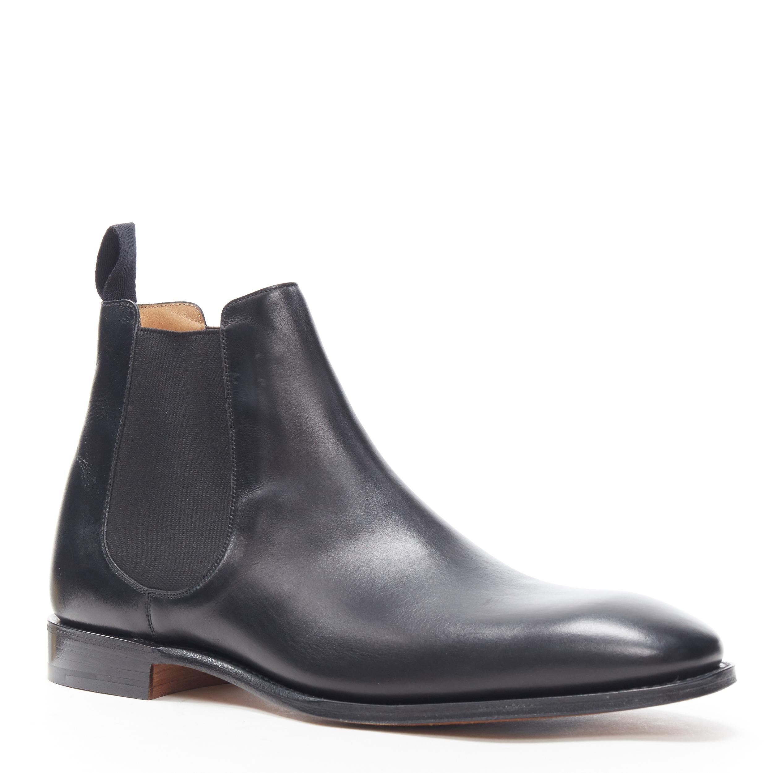 new CHURCH'S Ryehill 450 black calf leather round chelsea ankle boots UK10 EU44
Brand: Churchs
Model Name / Style: Ryehill
Material: Leather
Color: Black
Pattern: Solid
Extra Detail: Black calf leather upper. Stacked wooden sole. Black elastic