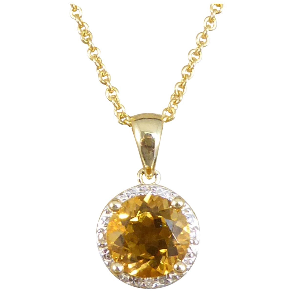 New Citrene and Diamond Cluster in 9ct Yellow Gold Pendant Necklace For Sale