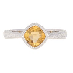 New Citrine Ring, 14k White Gold Etched Milgrain Solitaire .98ct