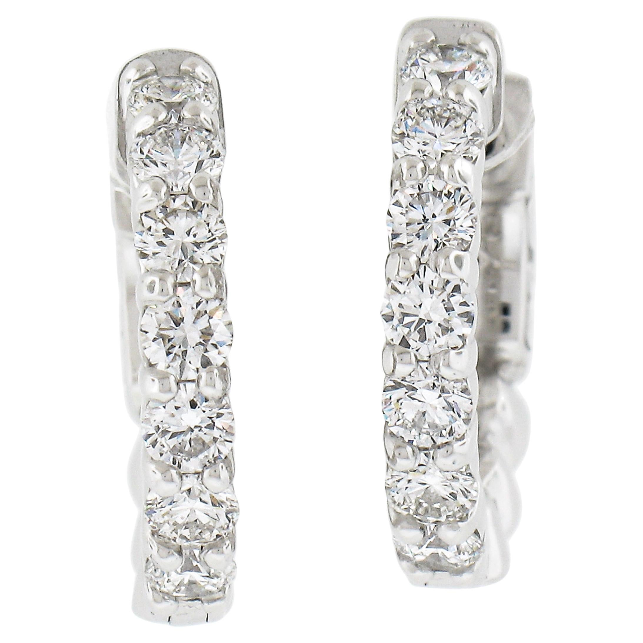 NEW Classic 14k White Gold 0.91ctw Diamond 15.4mm Snap Huggie Hoop Earrings