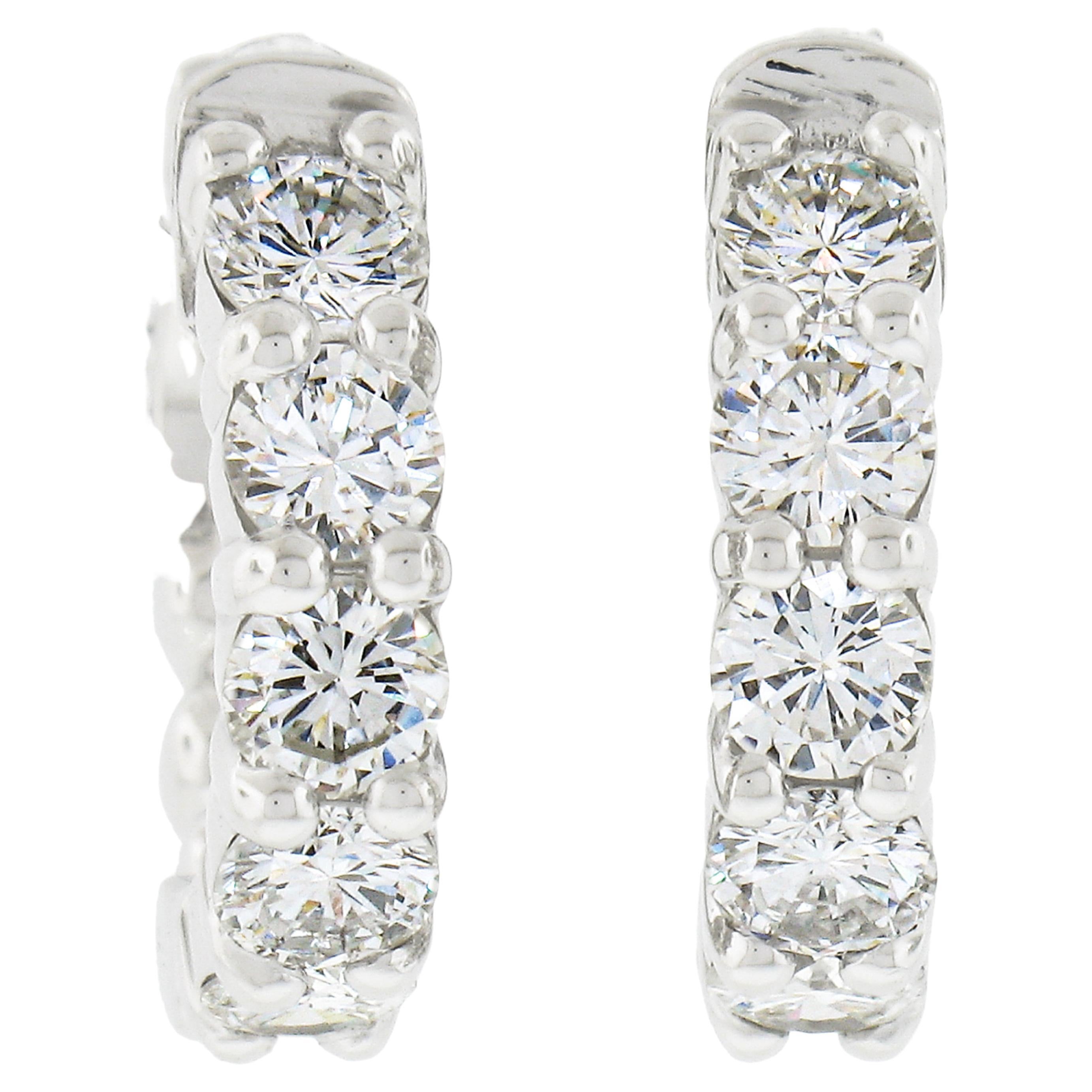 New Classic 14k White Gold 1.48ctw Diamond 5 Stone Huggie Hoop Earrings For Sale