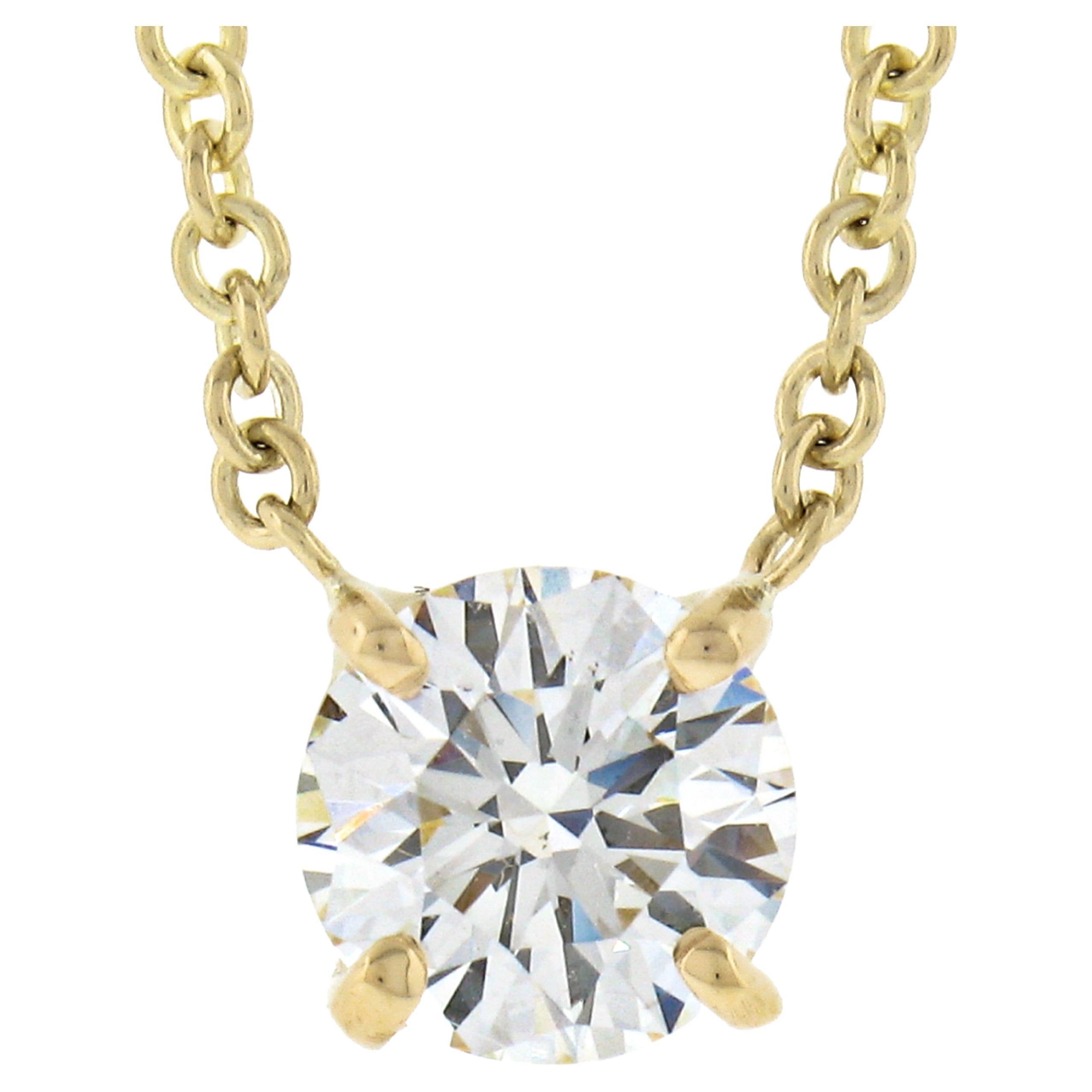New Classic 14k Yellow Gold .58ct Round Prong Diamond Solitaire Pendant Necklace For Sale