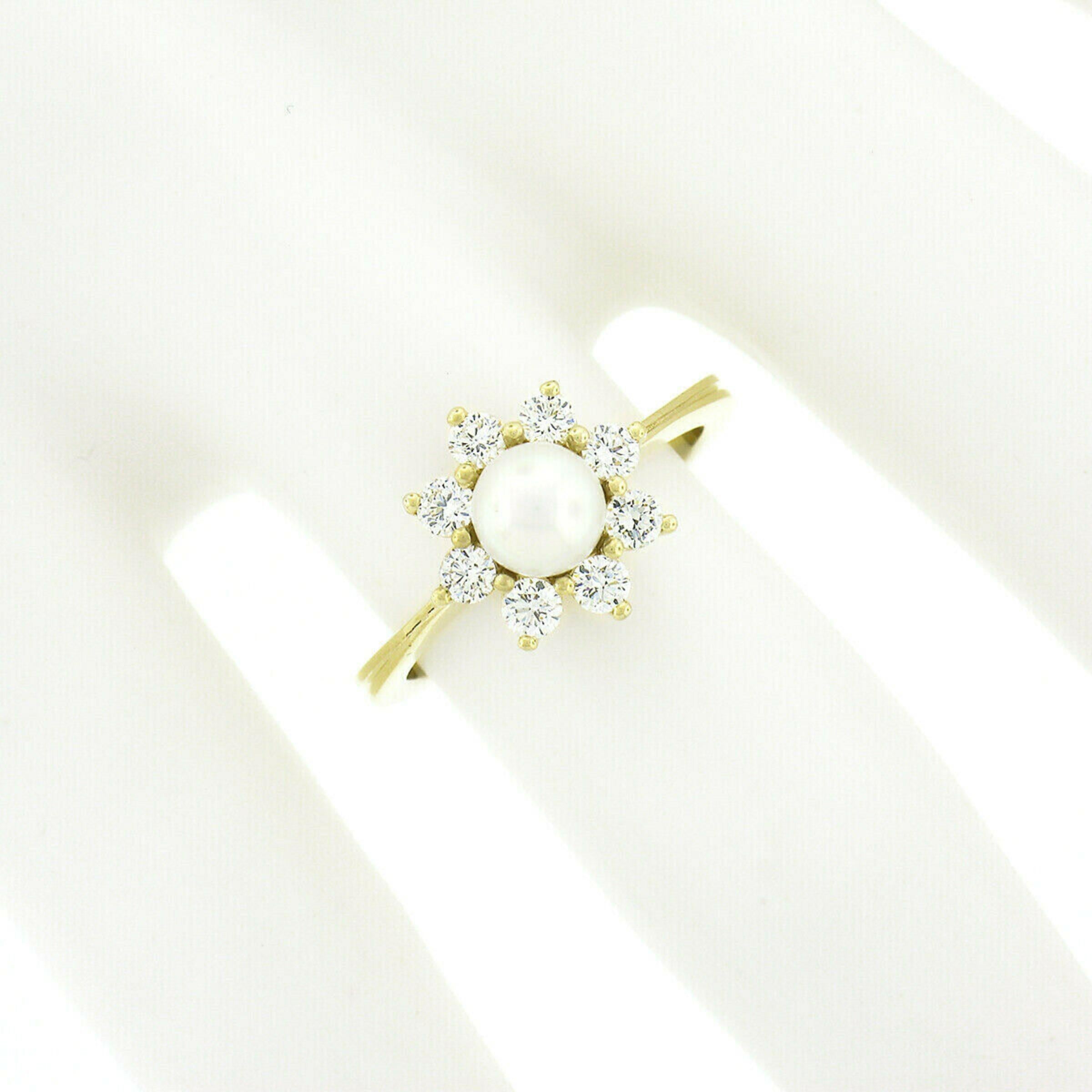 Round Cut New Classic 18k Gold Pearl & 0.40ctw Round Diamond Flower Cluster Ring For Sale
