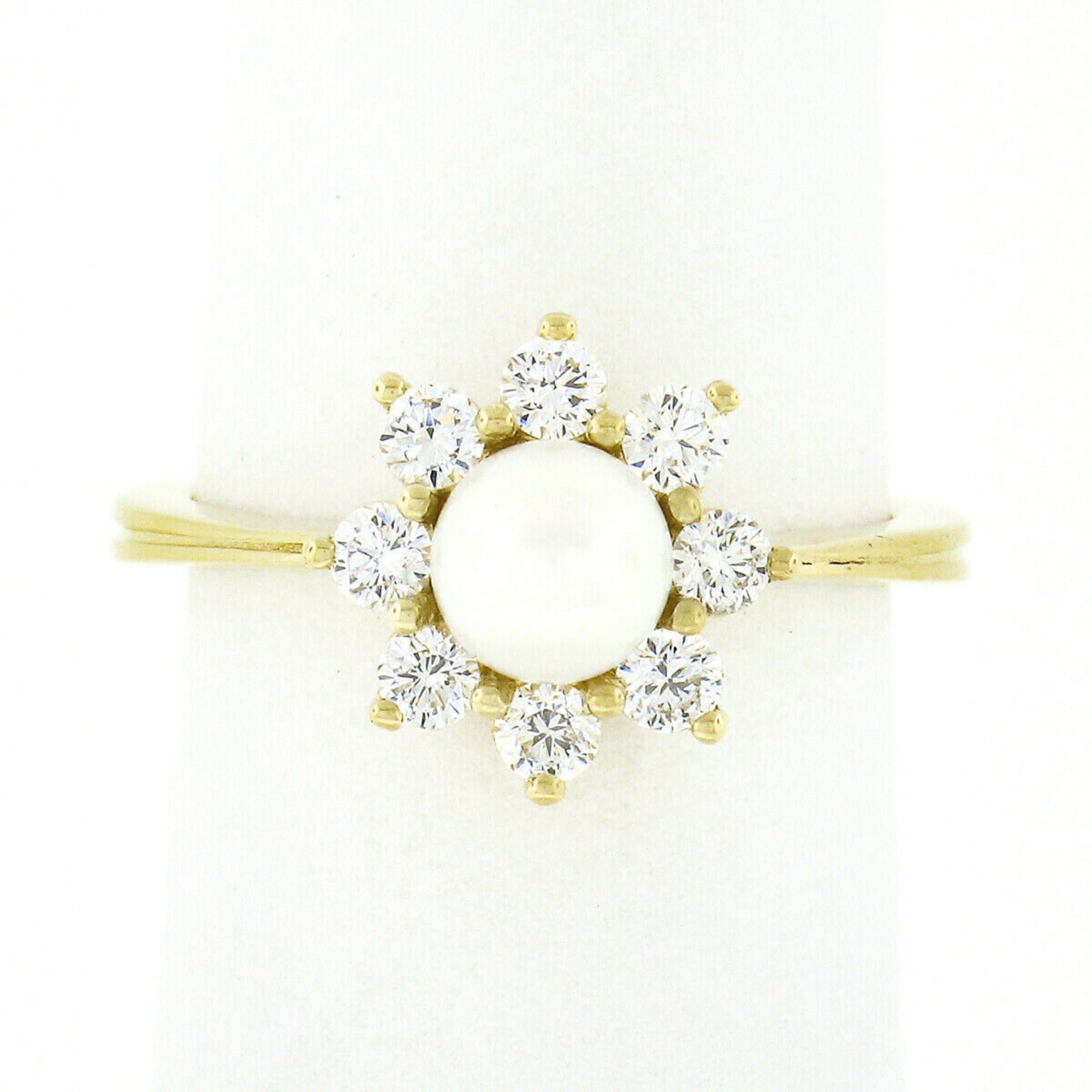 New Classic 18k Gold Pearl & 0.40ctw Round Diamond Flower Cluster Ring In New Condition For Sale In Montclair, NJ
