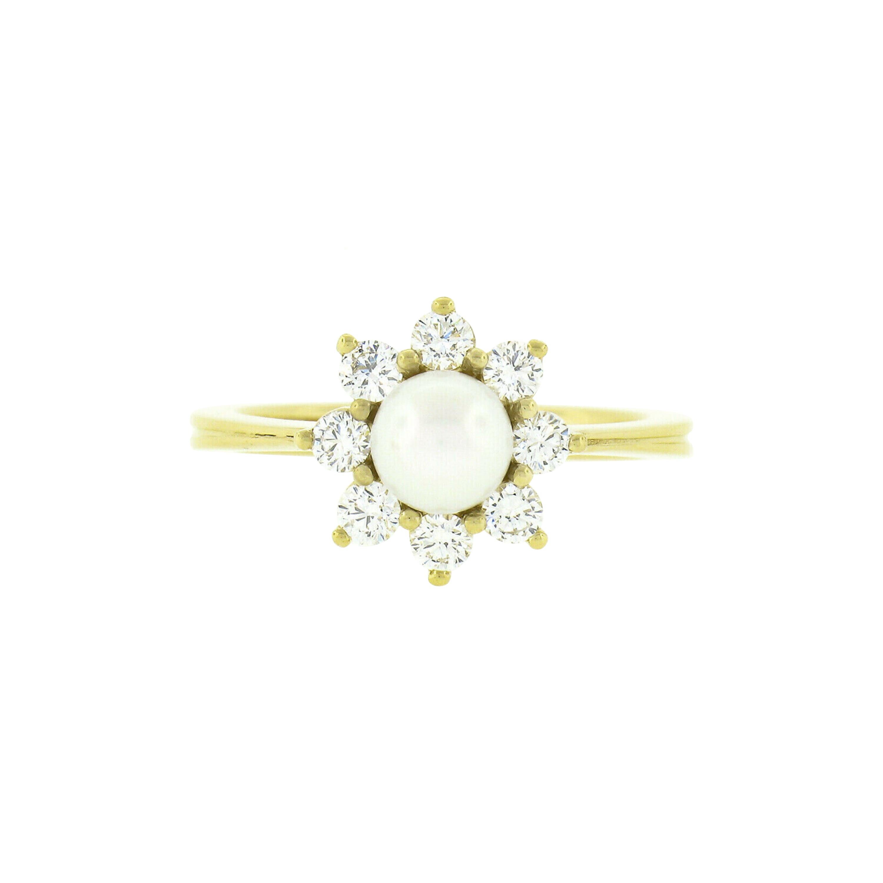 New Classic 18k Gold Pearl & 0.40ctw Round Diamond Flower Cluster Ring