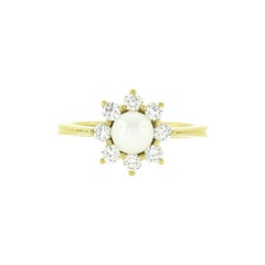Klassischer 18k Gold Perle & 0,40ctw runder Diamant Blumen-Cluster-Ring