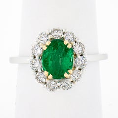 NEW Classic 18K TT Gold 2.11ct Oval Emerald Solitaire w/ Round Diamond Halo Ring