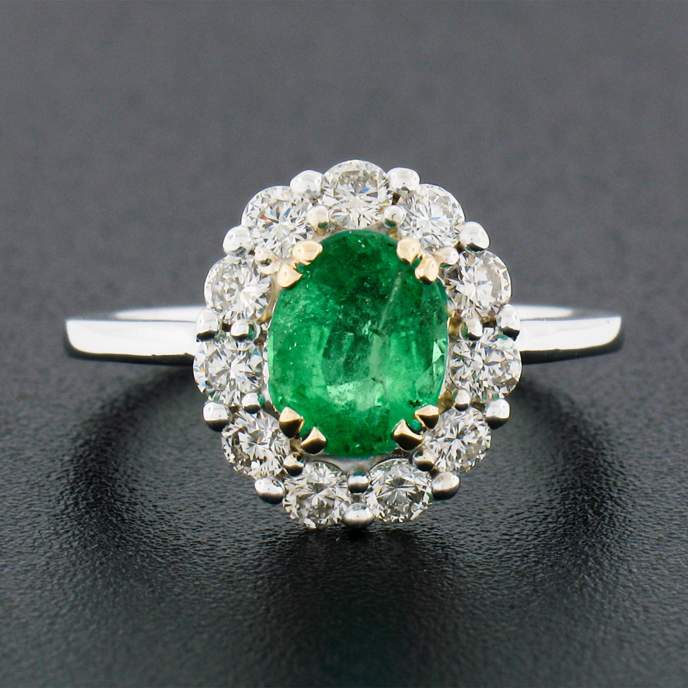 Oval Cut NEW Classic 18K TT Gold 2.11ct Oval Emerald Solitaire w/ Round Diamond Halo Ring For Sale