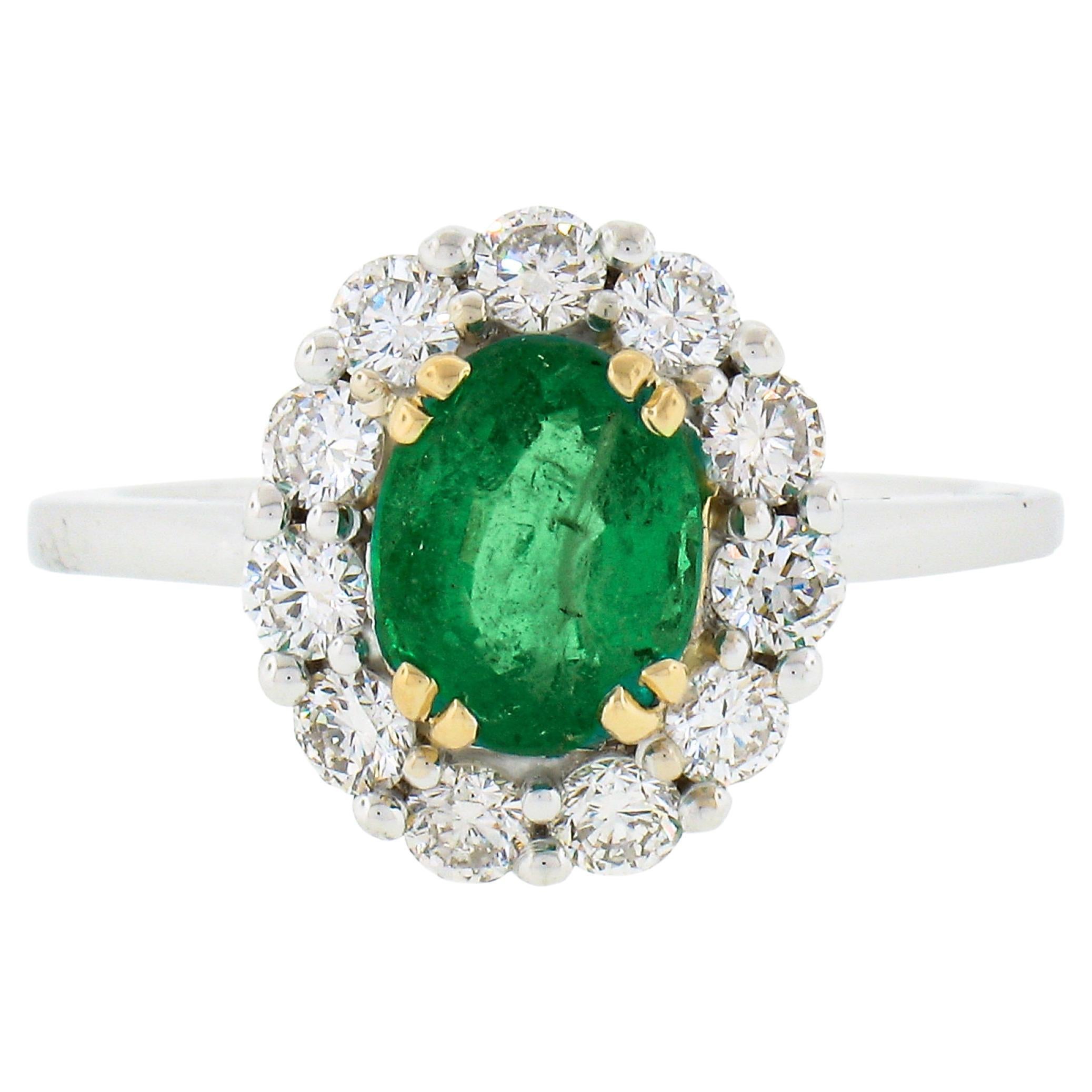 NEW Classic 18K TT Gold 2.11ct Oval Emerald Solitaire w/ Round Diamond Halo Ring For Sale