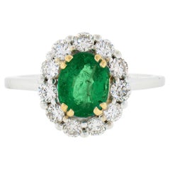 NEW Classic 18K TT Gold 2.11ct Oval Emerald Solitaire w/ Round Diamond Halo Ring
