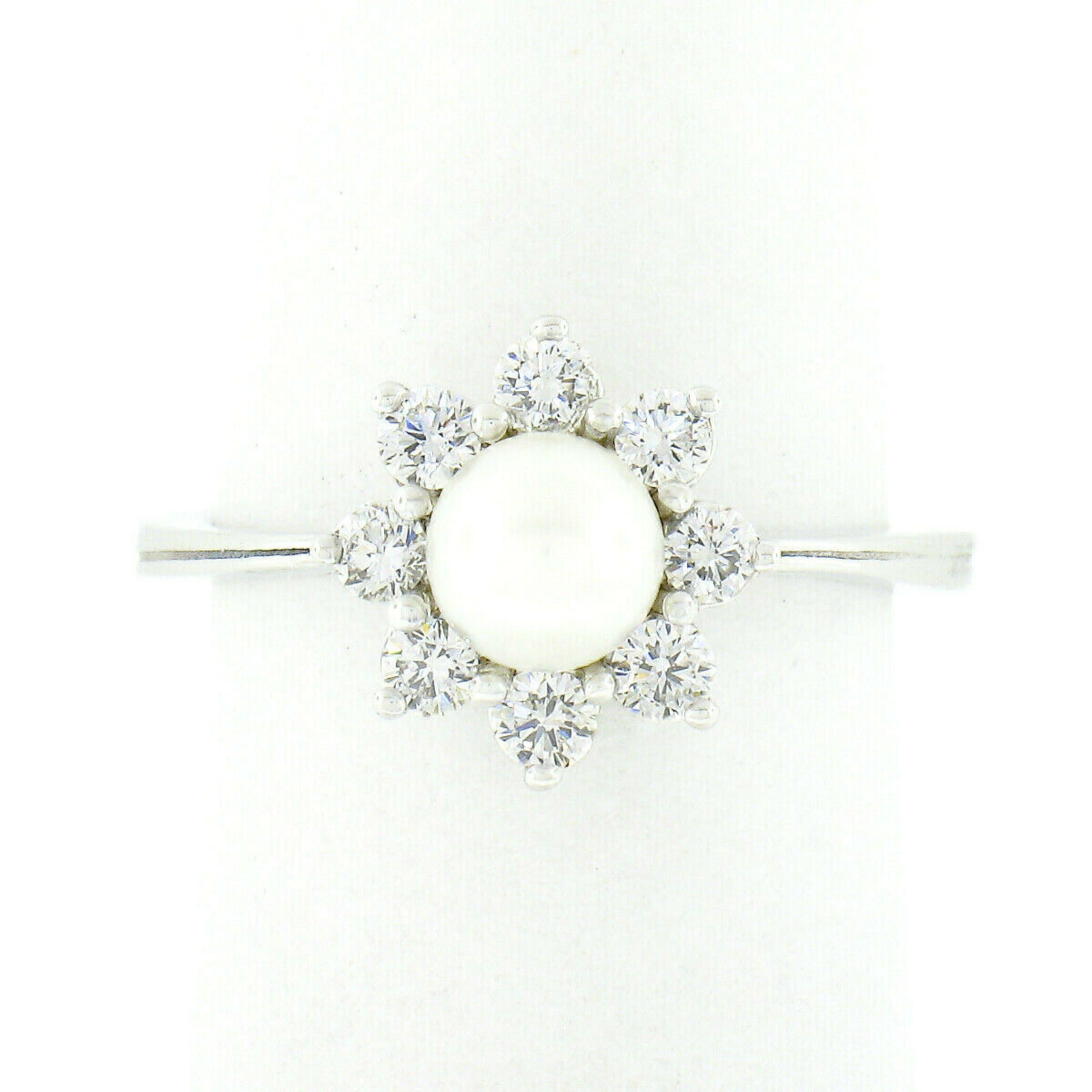 New Classic 18k White Gold Pearl 0.40ct Round Diamond Flower Cluster Ring In New Condition For Sale In Montclair, NJ