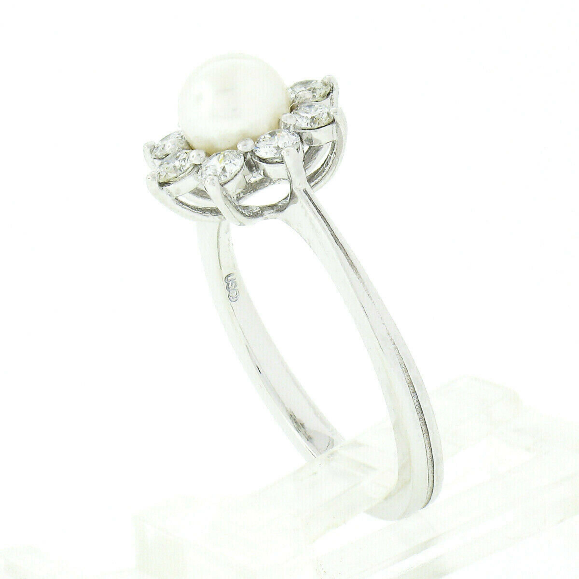 Women's New Classic 18k White Gold Pearl 0.40ct Round Diamond Flower Cluster Ring For Sale