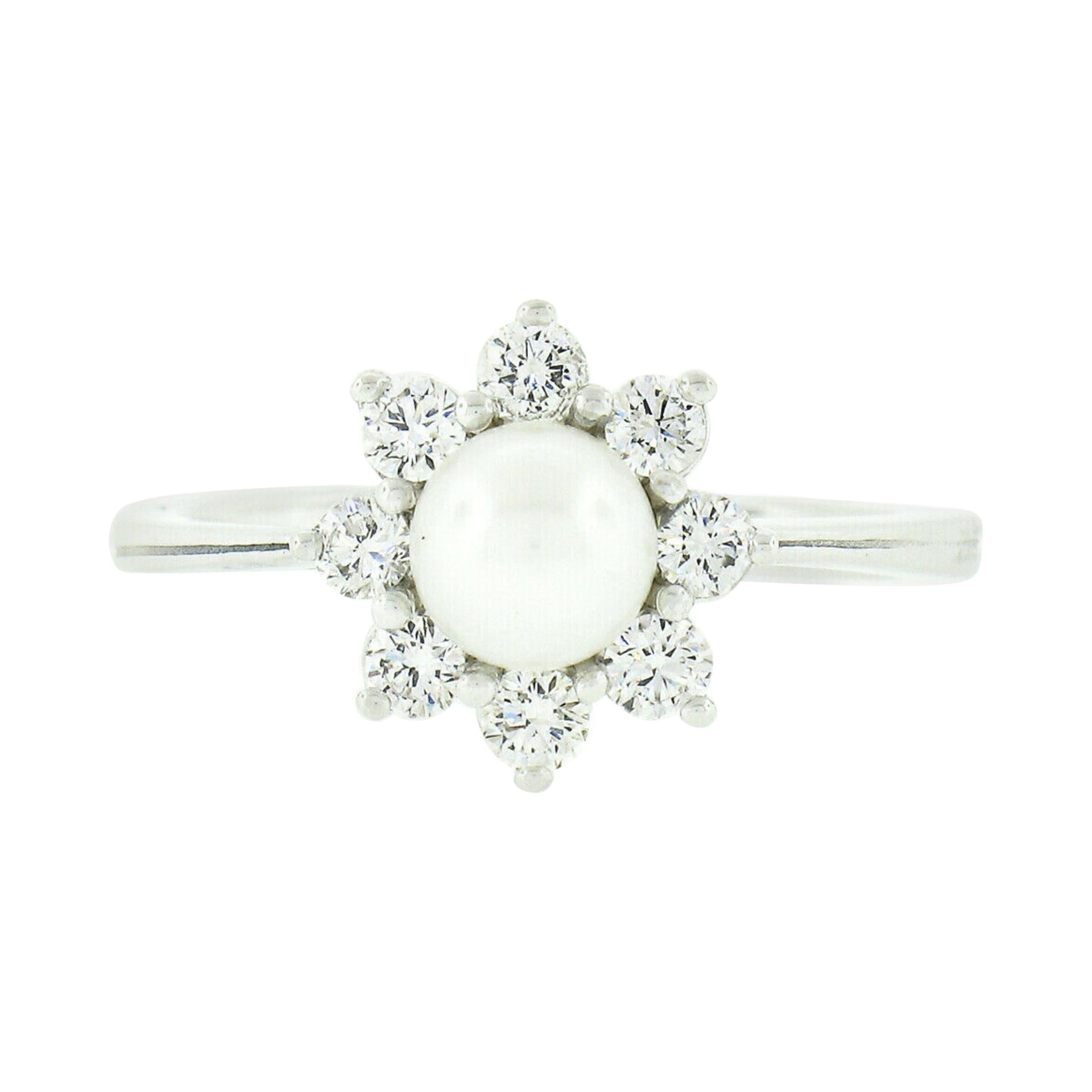 New Classic 18k White Gold Pearl 0.40ct Round Diamond Flower Cluster Ring For Sale