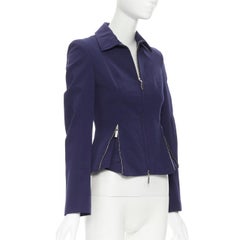 new CLAUDE MONTANA BLU Vintage navy zip peplum hem long sleeve jacket IT38 XS