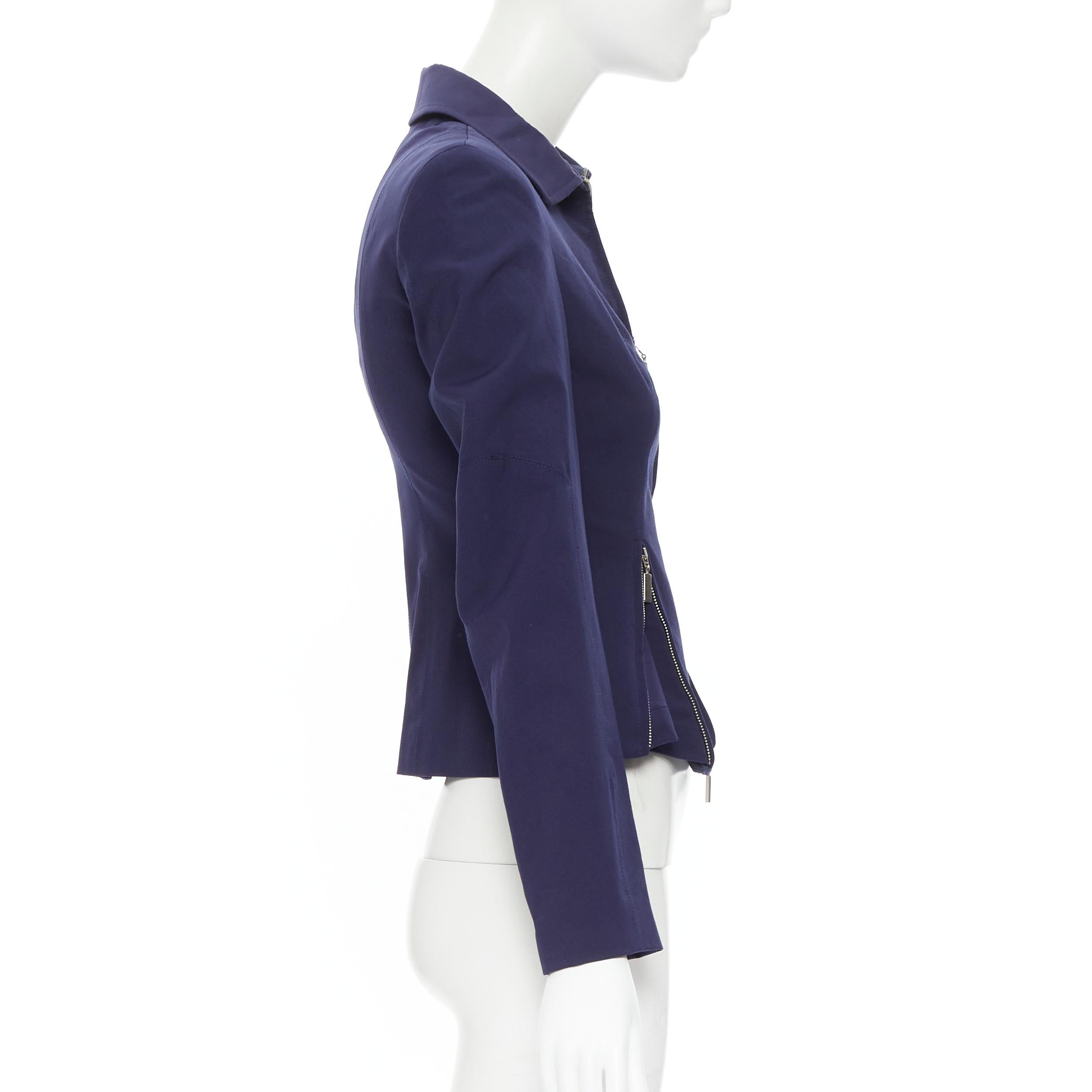 nuevo CLAUDE MONTANA BLU Chaqueta de manga larga con dobladillo peplum y cremallera vintage azul marino IT38 XS Negro