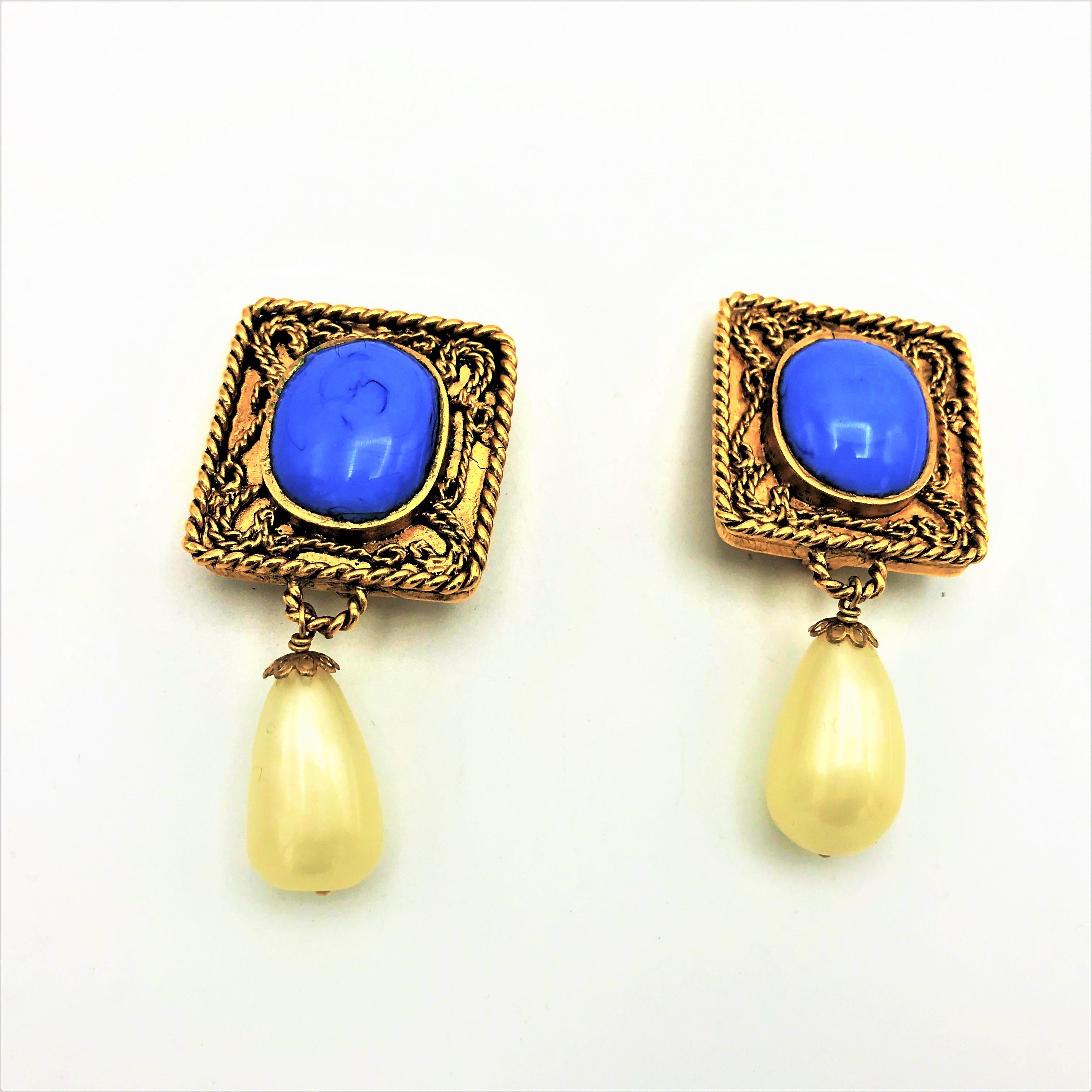 New Clip-on earring, in the style of Chanel, glass stone, faux pearl, gold plat  For Sale 1