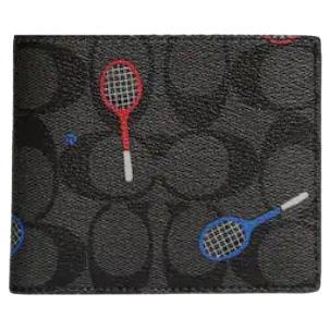 NEW Coach Black Slim Racquet Print Signature Canvas ID Card Case Bifold Wallet For Sale