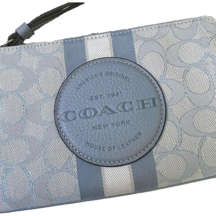 NEW Coach Blue Dempsey Large Corner Zip Stripe Signature Jacquard Clutch Bag For Sale 1
