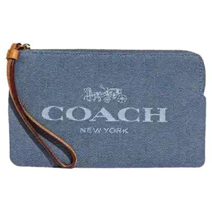 NEW Coach Blue Large Corner Zip Denim Pouch Clutch Bag For Sale