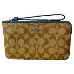 NEW Coach Brown Blue Large Corner Zip Monogram Canvas Wristlet Clutch Bag