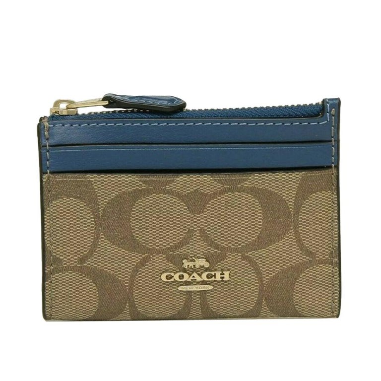 NEW Coach Brown Blue Mini Skinny ID Case Signature Canvas Card Case Wallet  For Sale at 1stDibs | coach signature c mini skinny id and coin case with  attached key ring brown/black/gold,