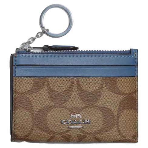 NEW Coach Brown Blue Mini Skinny ID Case Signature Canvas Card Case Wallet For Sale