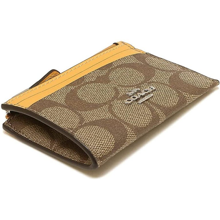 NEW Coach Brown Yellow Mini Skinny ID Case Signature Canvas Card Case ...