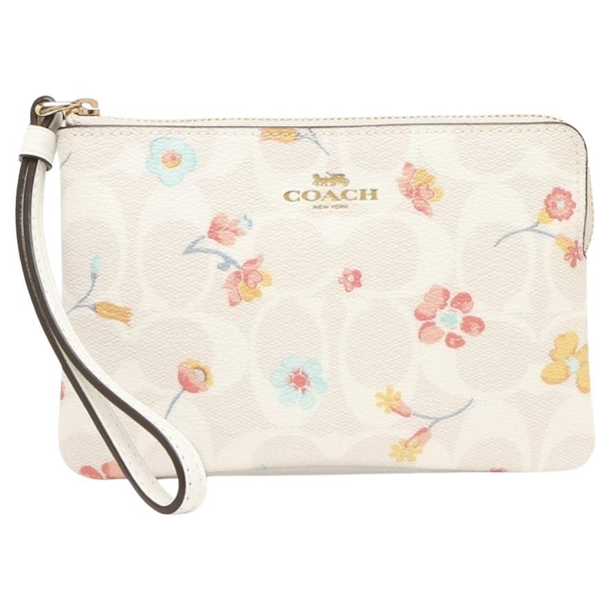 NEW Coach White Corner Zip Mystical Floral Signature Canvas Wristlet Clutch Bag For Sale